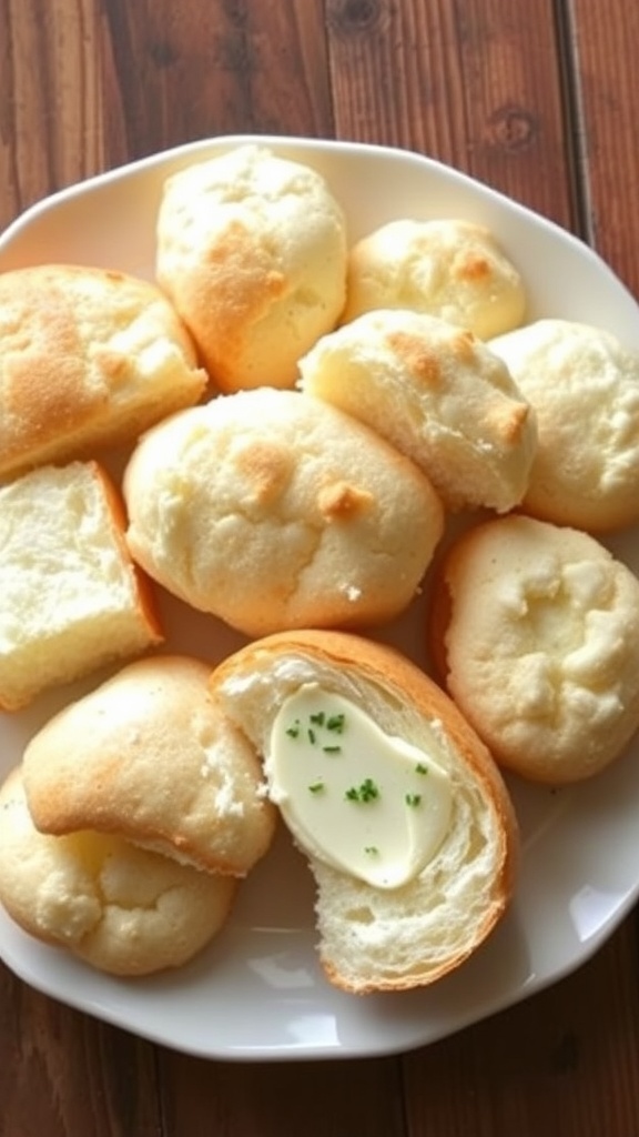 Fluffy sour cream cloud bread slices on a plate, some with butter, on a wooden table.